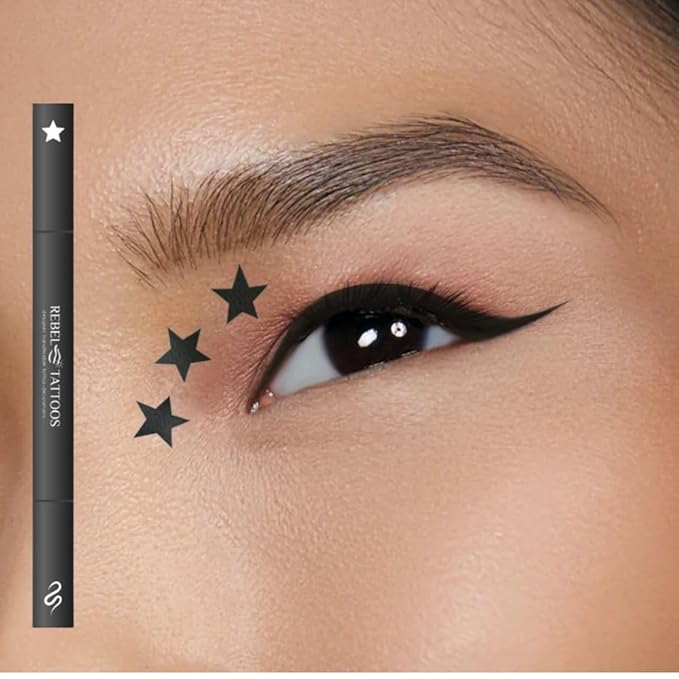 Rebel Tattoos 2-in-1 Eyeliner Stamp, Pigmented Intense Black Formula, Smudge-Budge Proof, Sweatproof, 24 Hour Stay Eyeliner Stamp Star Butterfly or Heart (Black Star)