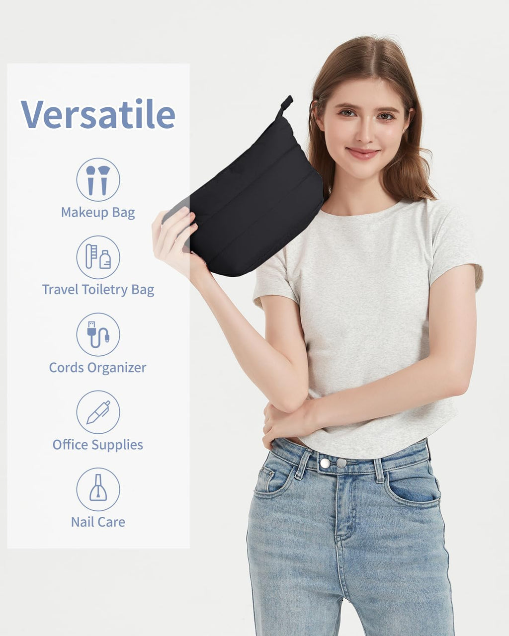 Narwey Black Travel Makeup Bag Women Girl, Cute Makeup Cosmetic Pouch, Puffer Makeup up Organizer Bag, Travel Toiletry Bag (Black)
