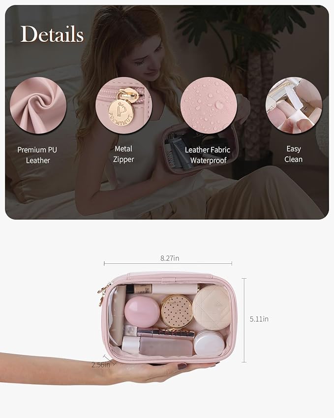 Pocmimut Mini Makeup Bag with Small Cosmetic Bag Travel Essentials Organizers,TSA Approved Toiletry Bag Makeup Pouch Clear Cosmetic Bags for Women,Beige