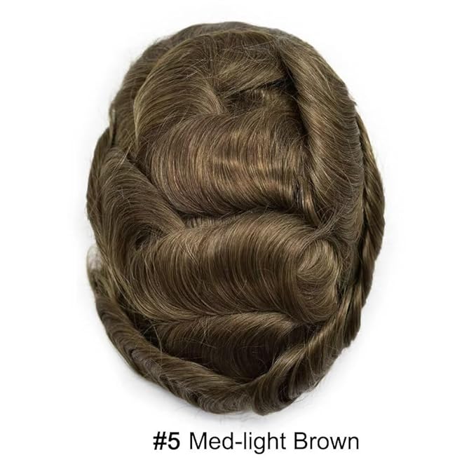 FACE MIRACLE Hair System for Men French Lace Mens Toupee Human Hair Replacement System Lace with PU Toupee for Men Male Hair Piece Wigs 6"X8" 5#MEDIUM LIGHT BROWN