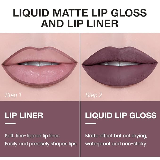 AMY'S DIARY 2pcs Matte Dark Red Lip Liner & Lipstick Makeup Set, Liquid Lipstick 24H and Lip Liner Set Matt Liquid Lips Make Up Waterproof Long Lasting (10#, 2 Pcs Set)