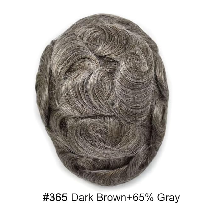 FACE MIRACLE Hair System for Men French Lace Mens Toupee Human Hair Replacement System Lace with PU Toupee for Men Male Hair Piece Wigs 6"X8" #365 Dark Brown with 65% Gray