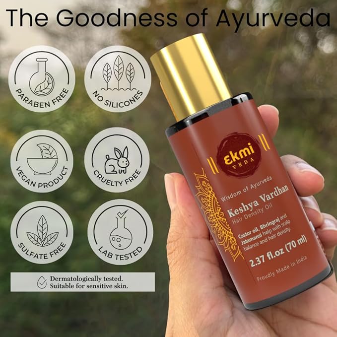 EKMIVEDA Ayurvedic Castor & Rosemary Oil For Hair Density With Bhringraj, Coconut, Amla, Argan, Brahmi. DHT Blocker. Hair Loss Treatment For Women & Men, 2.37 Fl Oz