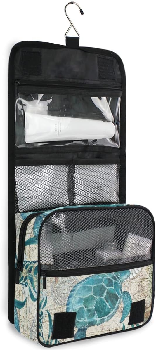 senya Hanging Travel Toiletry Bag Kit Makeup Case Cosmetics Organizer for Men Women (Sea Lives Turtle Coral)