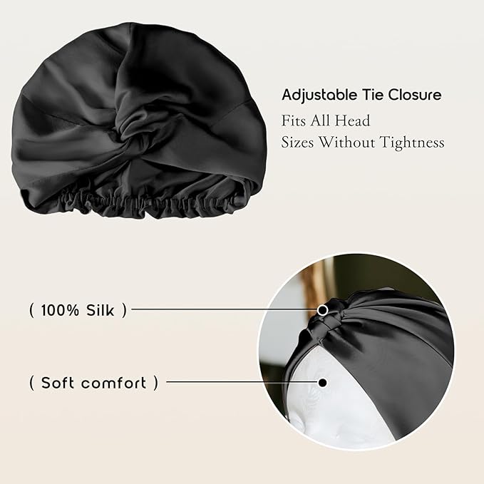 SYSERAN 100% Mulberry Silk Bonnet for Sleeping - Women Natural Curly Hair Night Cap Luxury Sleep Head Wrap with Elastic Band(Black)