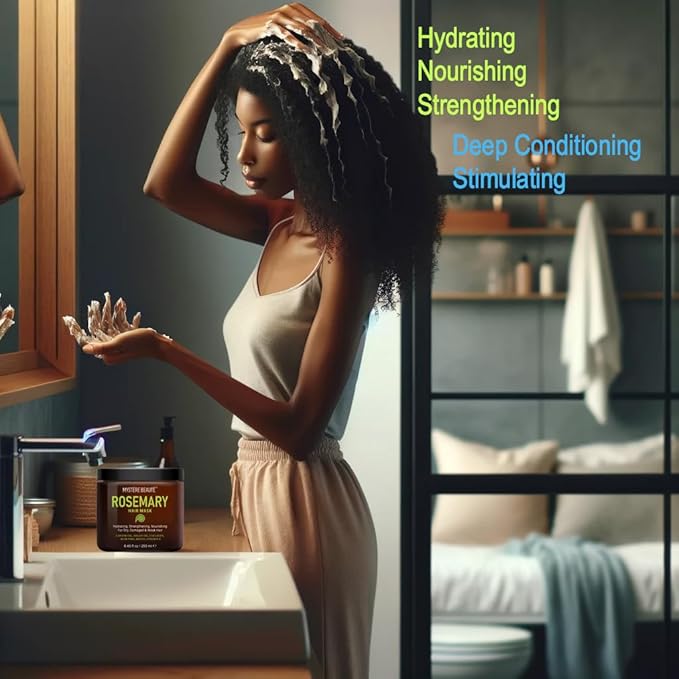 MYSTÉRE BEAUTÉ Rosemary Hair Treatment - with Collagen, Biotin, Argan Oil for Dry, Damaged, Curly Hair - Strengthening Deep Conditioner for Split Ends & Growth - 8.45 fl oz