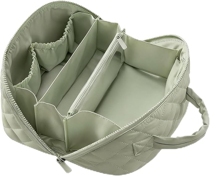 Travel Makeup Bag, 180° Open Lay-Flat Cosmetic Case, Large Capacity Compartment Makeup Bag, Lightweight, Soft and Fashion for Bottles & Brushes (Green)