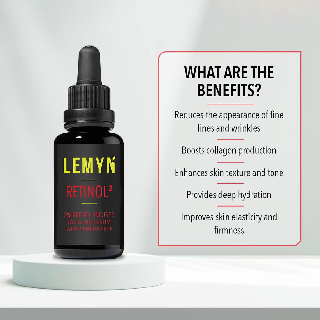 Lemyn Organics Retinol2 Facial Oil Serum with 2% Advanced Gentle Retinol, Vitamin A+E+F – Freshly Made Anti-Aging, Hydrating, and Firming Formula | 30ml