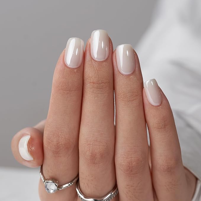 BTArtbox Press On Nails, Vanilla Glazed, Short Square, White Chrome, 32Ct