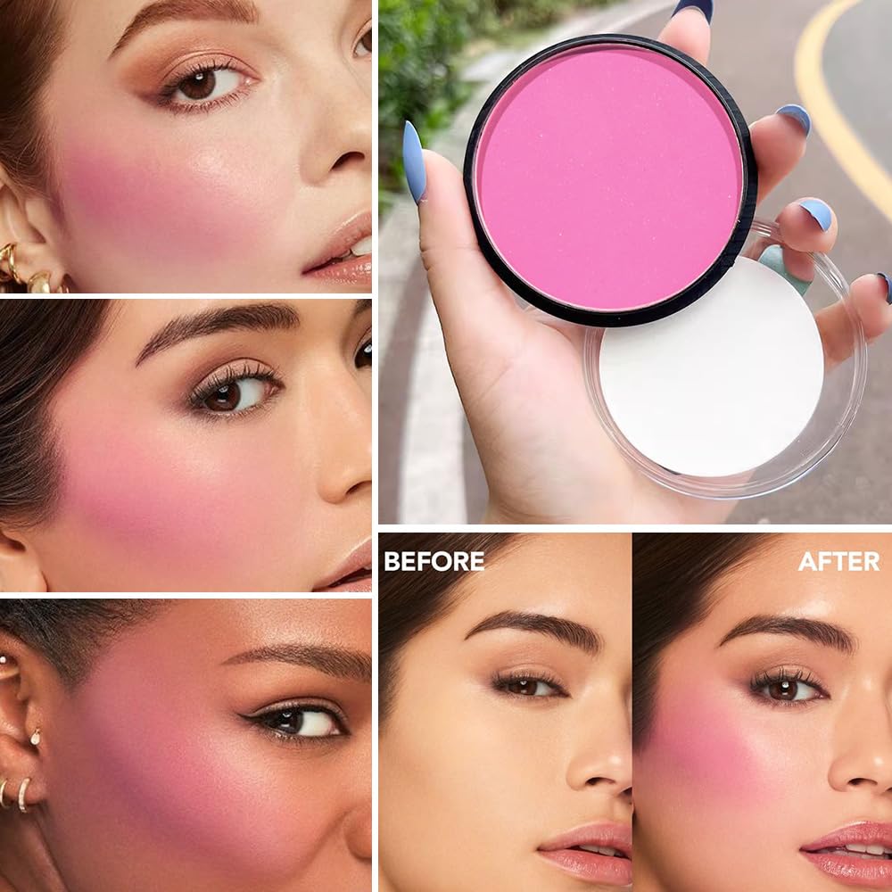 HHLTOH Natural Single Matte for Face Cheeks Blush with Makeup Powder Puff, Rose Pink Monochrome Blush Cream Powder Makeup Palette Blushes Long-lasting Color Blendable Foundation for Women Every Day 01