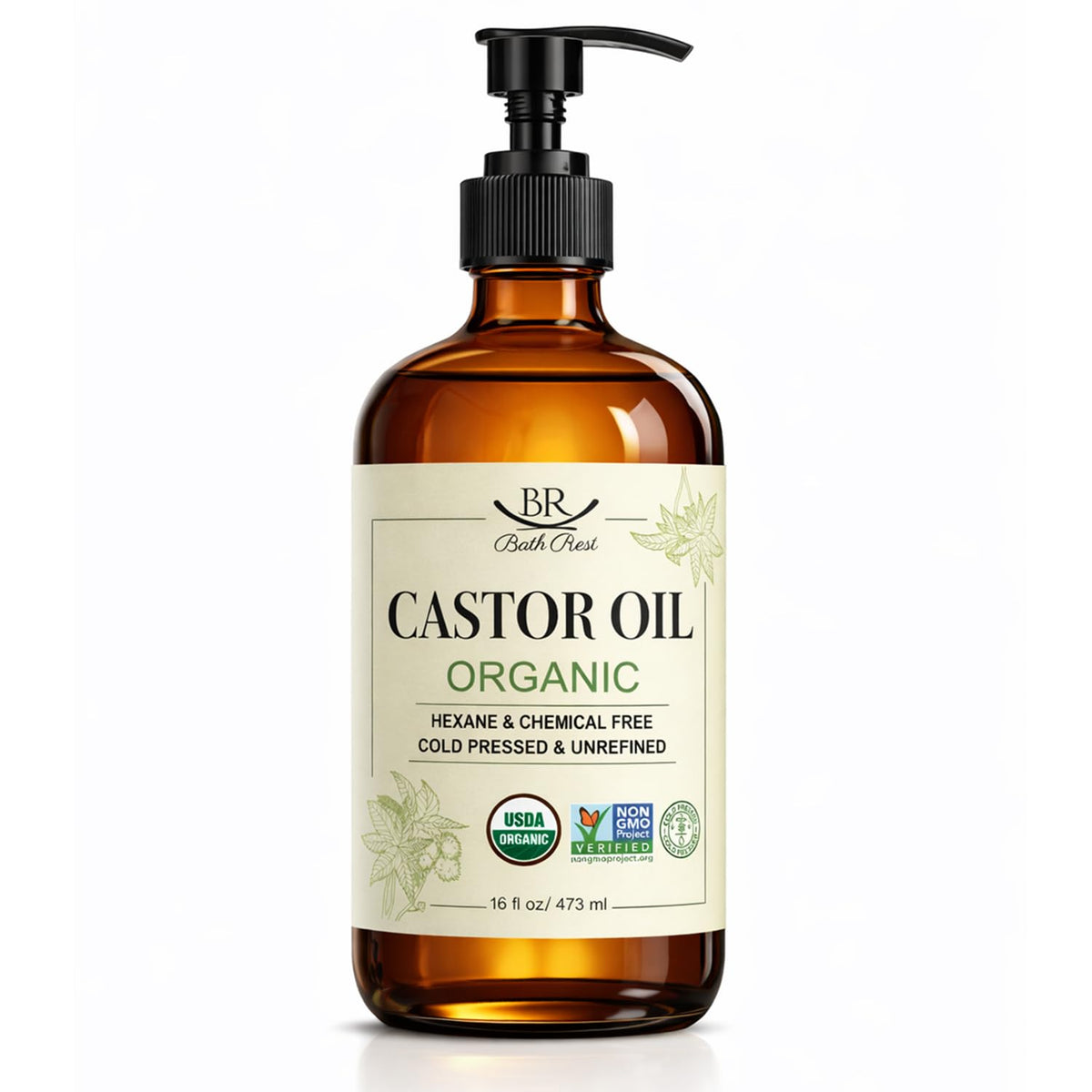Bathrest Organic Castor Oil 100% Pure Natural Hair Oil for Hair Growth, Castor oil for Skin Lashes Nails Face Eyelash Eyebrows, Cold Pressed Hexane Free Unrefined USDA Certified 4OZ
