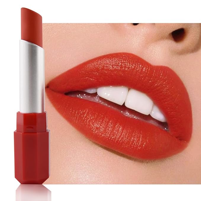 IATMOMOD Orange Red Cream Matte Lipstick Stick 06#, Longwear Full Coverage Velvet Lip Color, Waterproof Multi-Use Lip & Cheek Makeup for Party & Daily Wear, Labial con color mate para uso diario