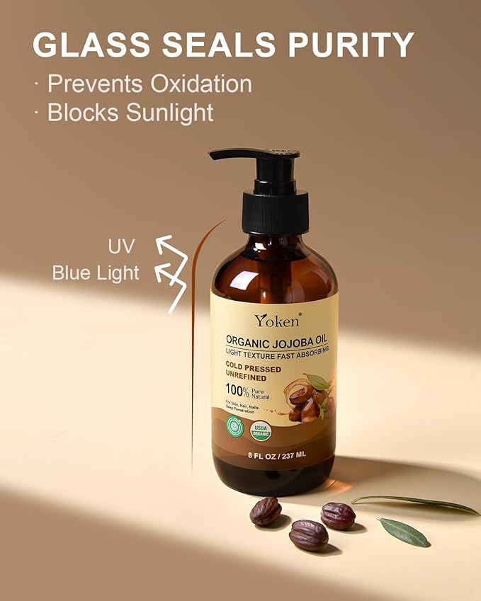 Yoken Organic Jojoba Oil in Glass Bottle 8oz, USDA Organic for Hair & Skin