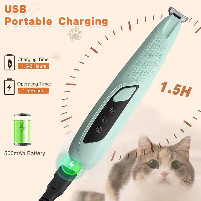 JNEKWOZ Professional Dog & Cat Trimmer - Quiet Electric Pet Grooming Kit for Ears/Eyes/Paws with LED Light - Cordless Battery-Powered Fur & Nail Clipper for Small/Large Breeds(Blue)