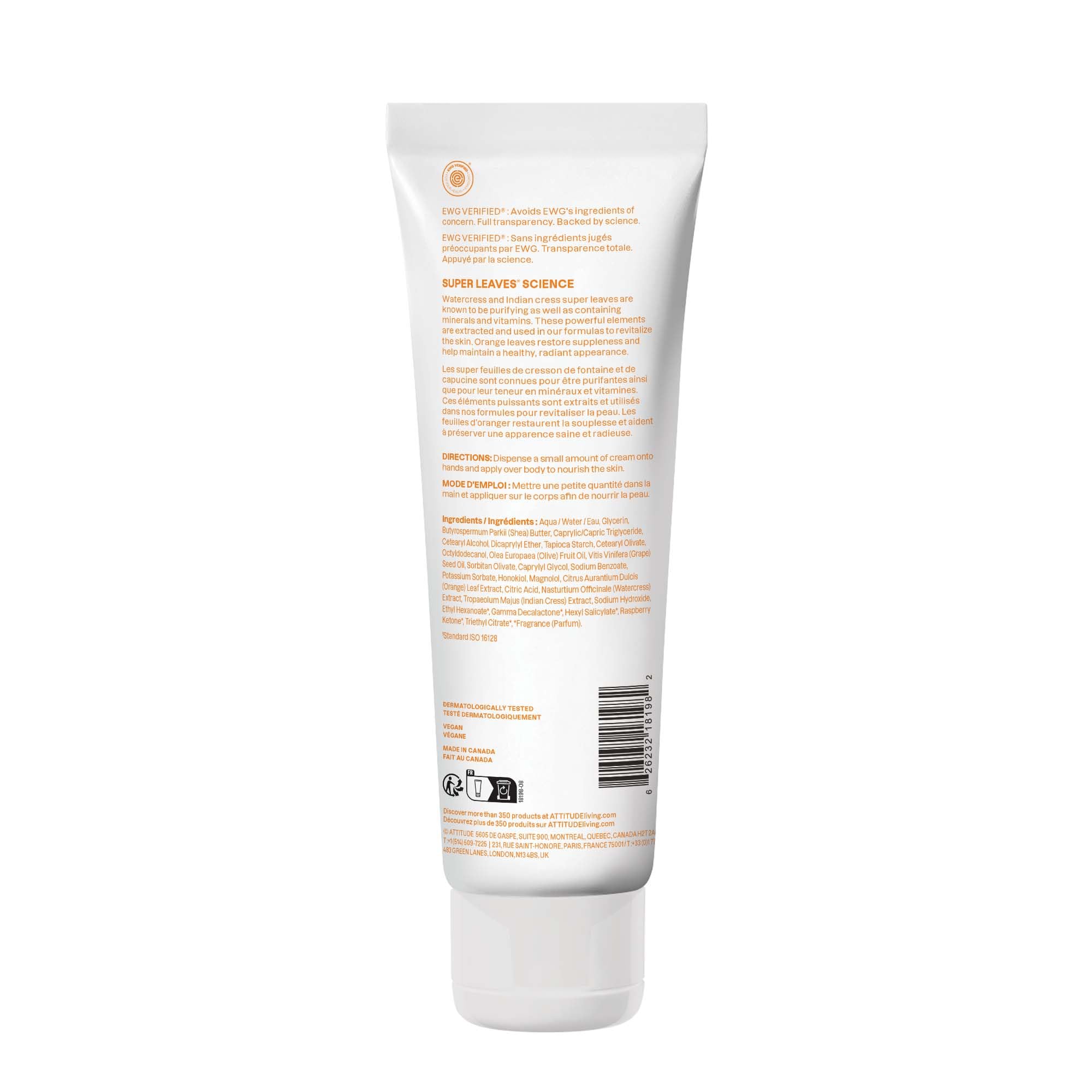ATTITUDE Body Cream, EWG Verified, Plant- and Mineral-Based Ingredients, Vegan and Cruelty-free, Energizing, Orange Leaves, 8 Fl Oz