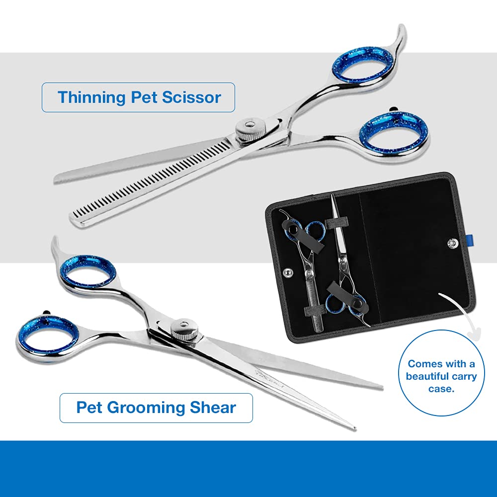 Laazar Pet Grooming Set - 7" Straight Pet Grooming Scissors & 6.5" Pet Thinning Shears with 42 Teeth | Professional Dog Scissors Kit | Use as Cat and Dog Shears