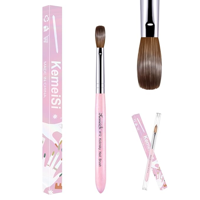 KEMEISI Acrylic Nail Brush Size #12, 100% Pure Kolinsky Nail Art Brushes for Acrylic Application, Sturdy Starry Handle Oval Shaped Nail Design Tools for Professional Manicure DIY, Pink