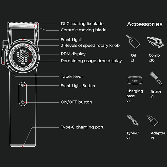 VGR 001 Professional Hair Clippers for Men with Charging Base, Black