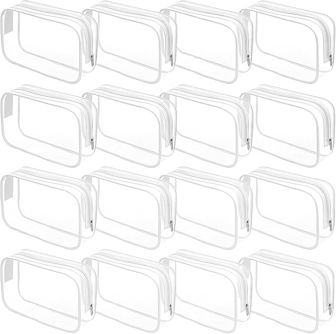 Dismok 16 Packs Clear Makeup Bag - Waterproof Cosmetic Bag, Portable Travel Makeup Bag with Zipper for Men and Women (White)