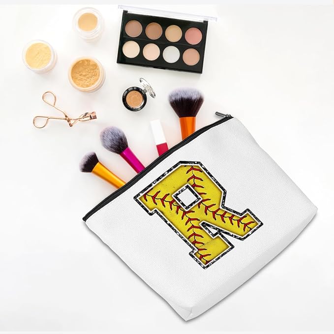 Softball Gifts Initial R Makeup Bag Softball Gifts for Team Cosmetic Bag