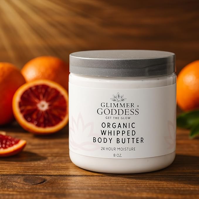 Glimmer Goddess Organic Whipped Body Butter for Women - Moisturizer Cream with Shea & Cocoa Butter, Almonds & Coconut Oil - Blood Orange, 8oz