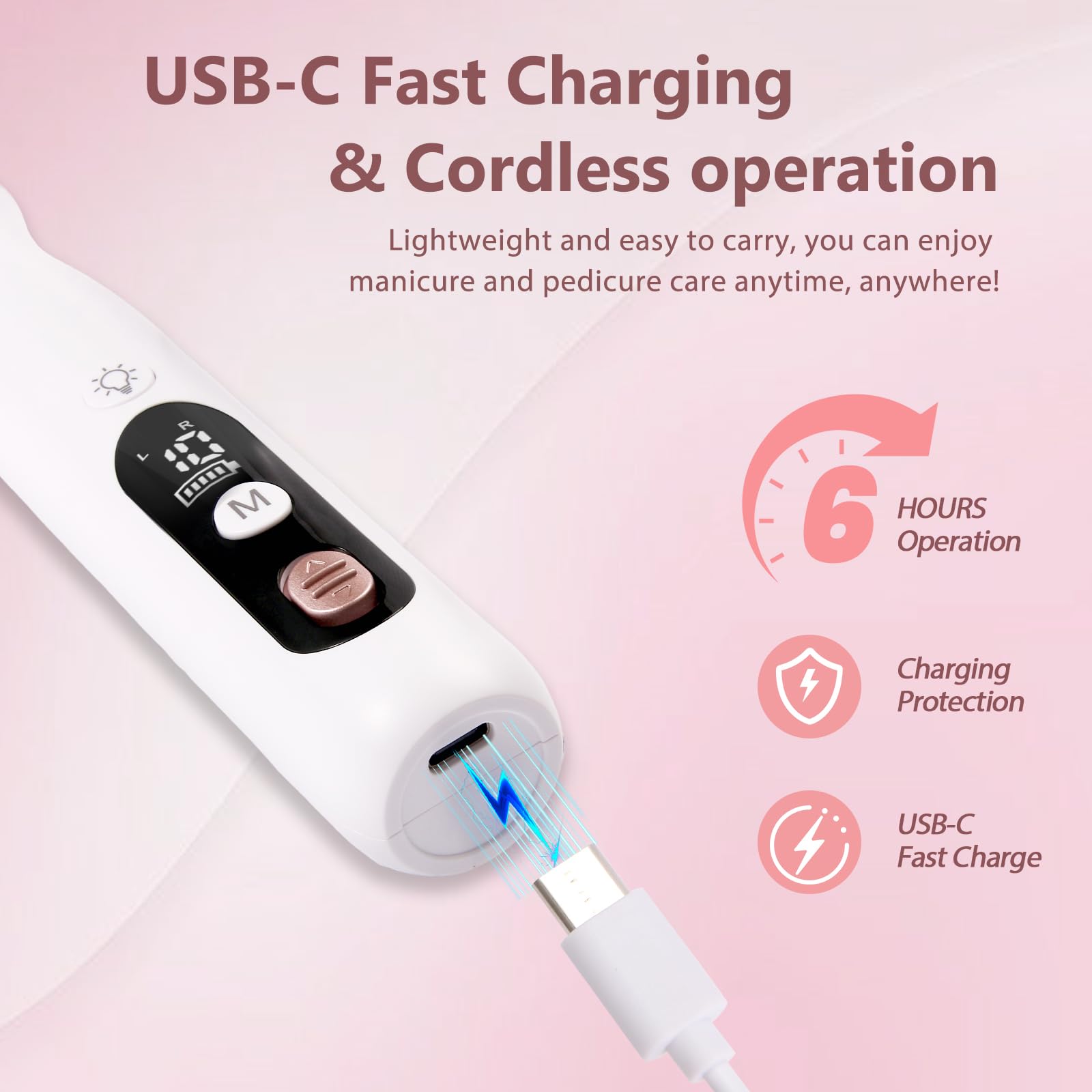 ZABOUL Electric Nail Drill Kit, Professional Manicure Pedicure Rechargeable & Cordless Nail File Buffer for Acrylic Nails Gel Polishing Removing Manicure Salon Home