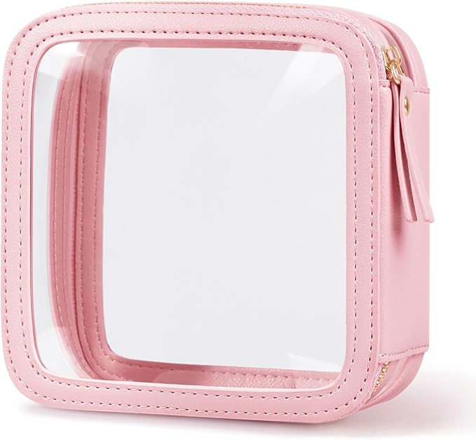 Yeeits Clear Makeup Bag Travel Size Toiletry Bag Organizer Case Quality PU Leather Transparent Small Cosmetic Bag Car Bag for Essentials with Durable Zipper (Pink)