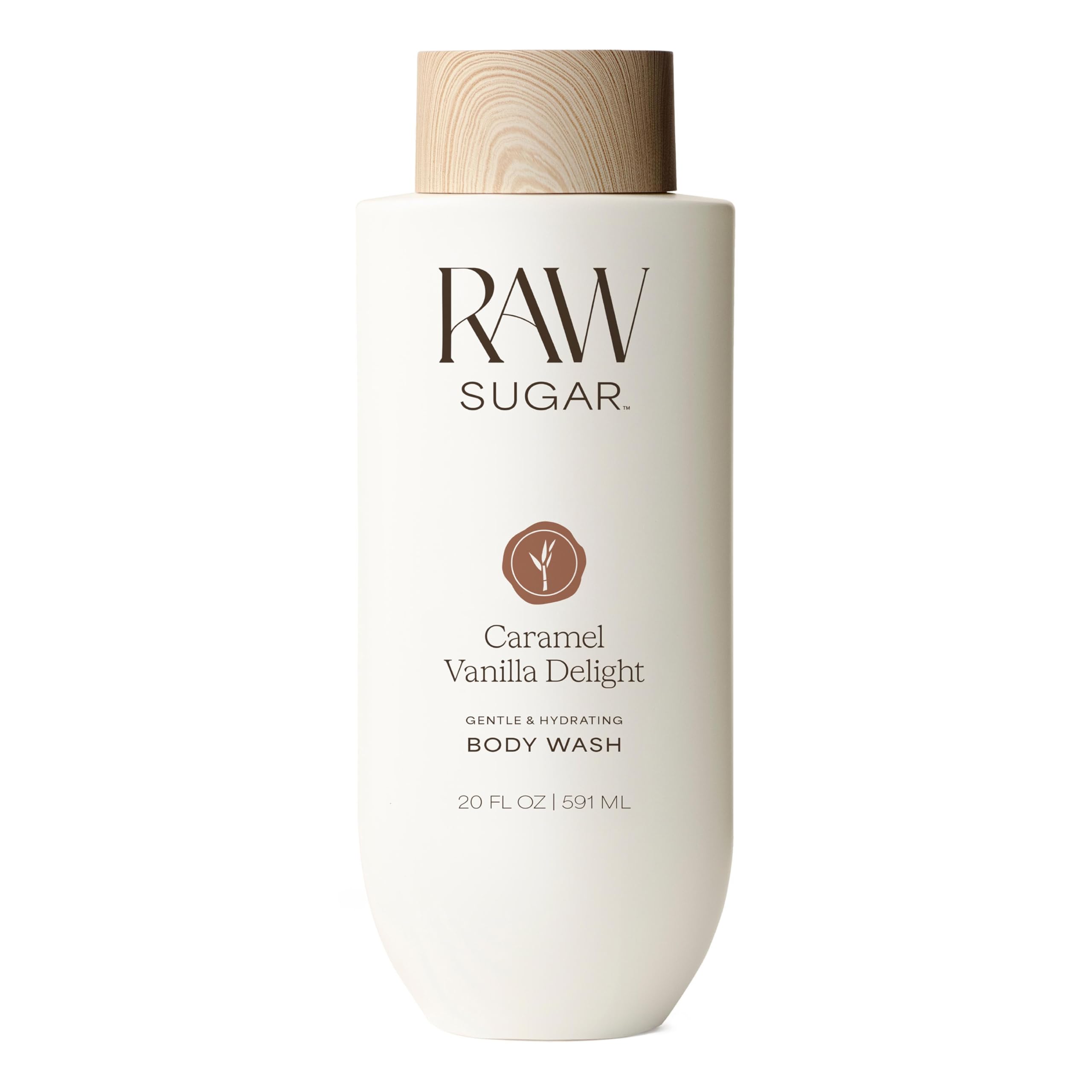 RAW SUGAR Caramel Vanilla Delight Gentle & Hydrating Body Wash, 20 Fl Oz (Pack of 1), Moisturizing & Indulgent Bath & Shower Gel, Vegan, Formulated without SLS/SLES & Parabens