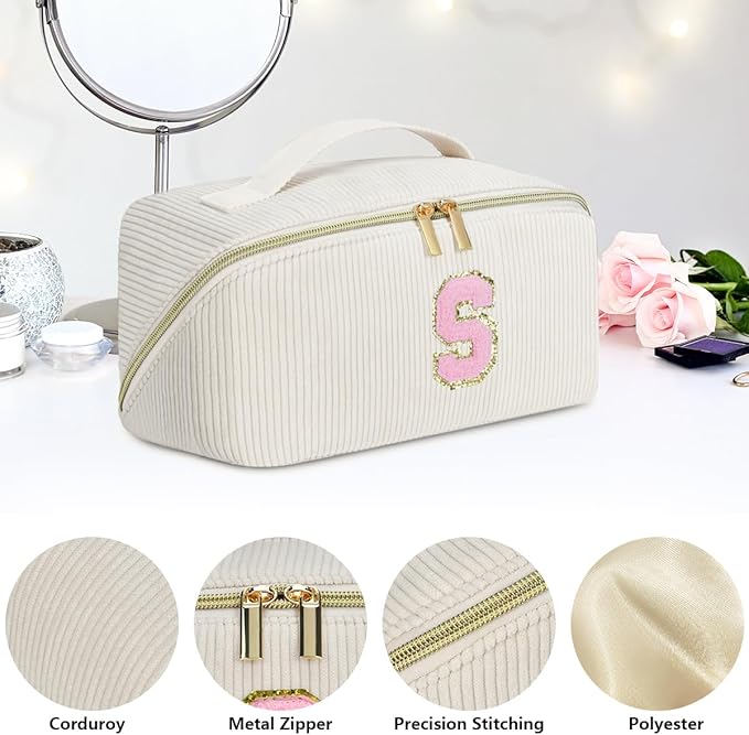 Personalized Initial Makeup Bag,Christmas Gifts for Girl,Preppy Bag Cosmetic Travel Bag Women,Travel Toiletry Organizer,Large Capacity Corduroy Stuff Bag,Cute Cosmetic Pouch Skincare Bag-J