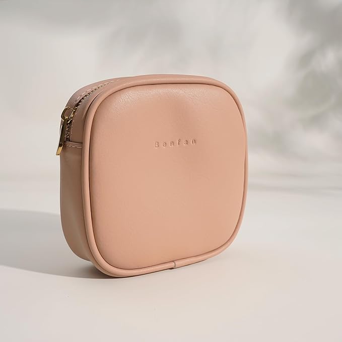 Benfan Leather Cosmetic Bag for Women Small Zipper Makeup Bag for Purse Waterproof Travel Makeup Organizer Charger Storage Pouch Color Pink