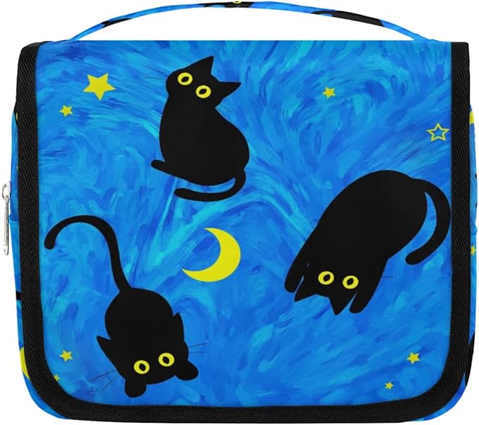 OMFUNS Cute Cat Travel Toiletry Bag with Hanging Hook for Women and Girls, DeepSkyBlue Cosmetic Makeup Case Organizer for Accessories, Shampoo, Full Sized Container, Toiletries