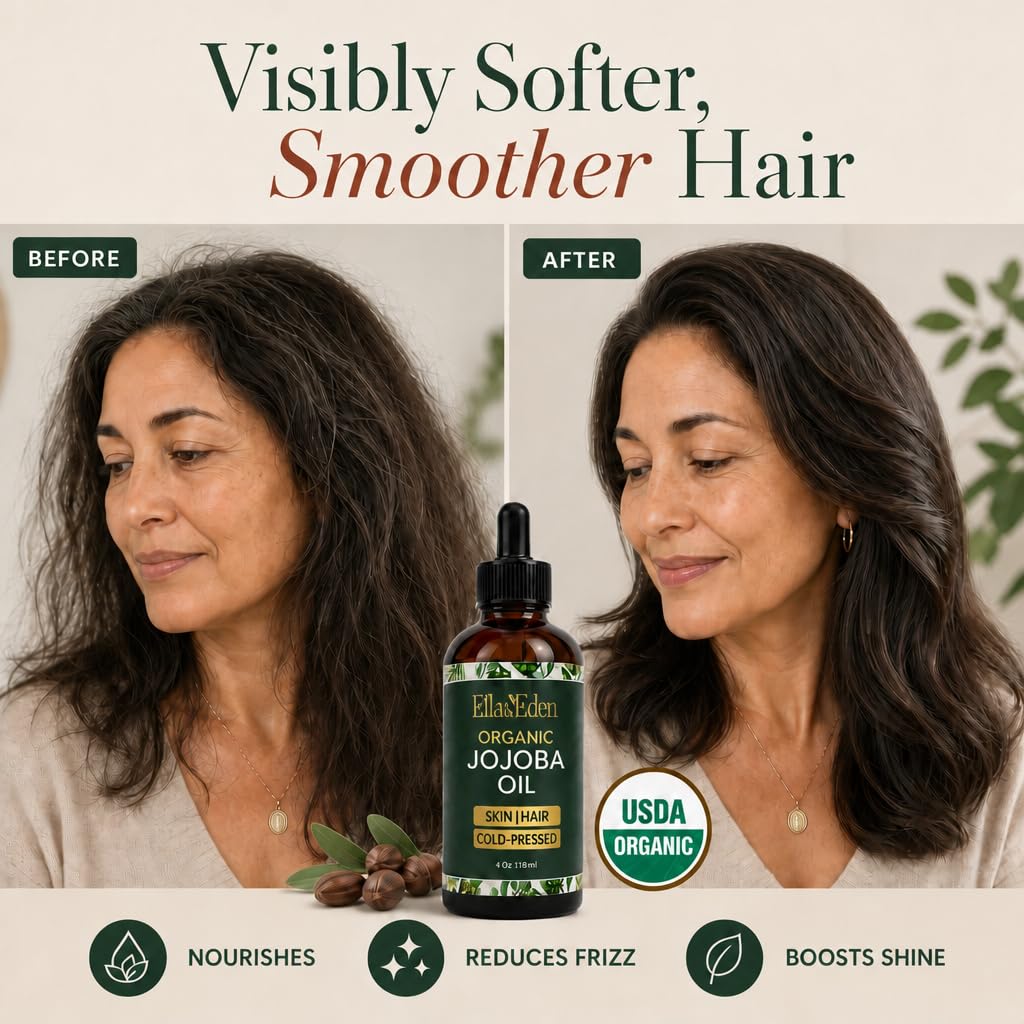 Organic Jojoba Oil, 100% Pure Cold-Pressed for Face, Skin & Hair, 4 Oz