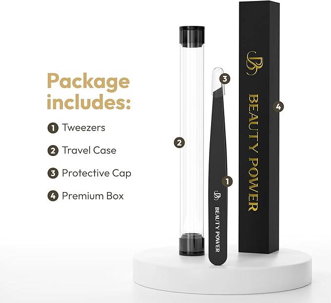 Beauty Power Tweezers for Women Facial Hair: Ultra Precision Tweezers for Women & Men, Sharp Slant Tweezer for Eyebrows, Ingrown Hair Removal. Professional Plucker + Case, German Stainless Steel Black