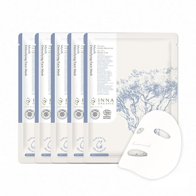 INNA ORGANIC Organic Sheet Mask - Deep Hydration & Post Microneedling Soothing, EWG & COSMOS Certified (Pack of 5) | Myrrh Essential Oils Infused Skin Care | Luxury Clean Beauty