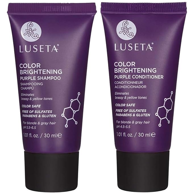 Luseta Color Brightening Purple Travel Shampoo and Conditioner Mini Kit for Blonde, Silver and Gray Hair - Brassiness Neutralizer for Highlighted and Bleached Hair, 2x1.01oz Carry on Friendly