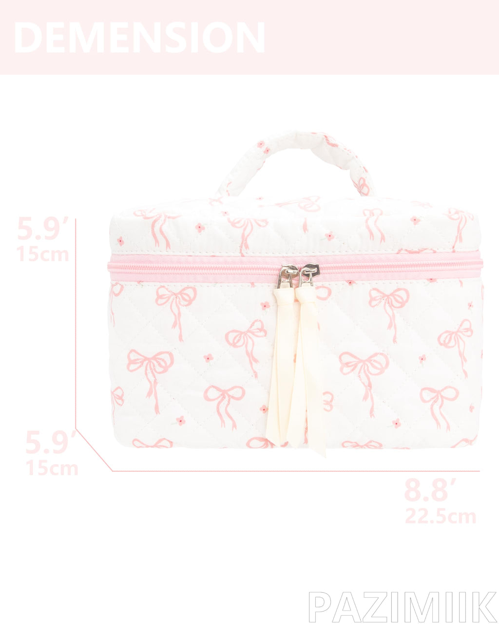Quilted Makeup Bag for Women, Travel Cosmetic&Toiletry Bag,Bow Pink