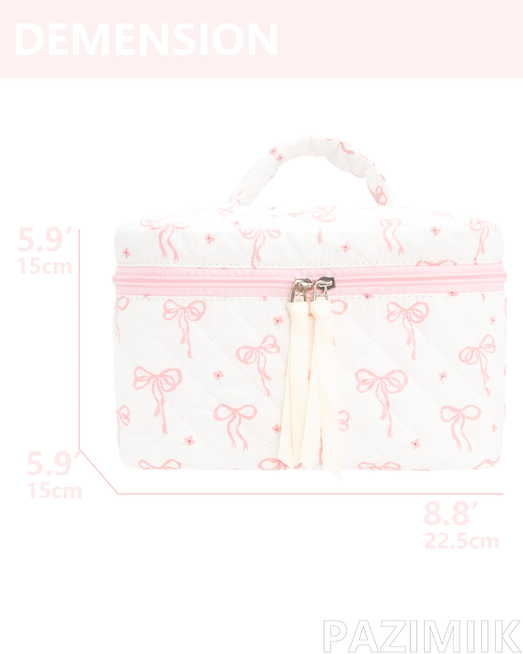 Quilted Makeup Bag for Women, Travel Cosmetic&Toiletry Bag,Bow Pink