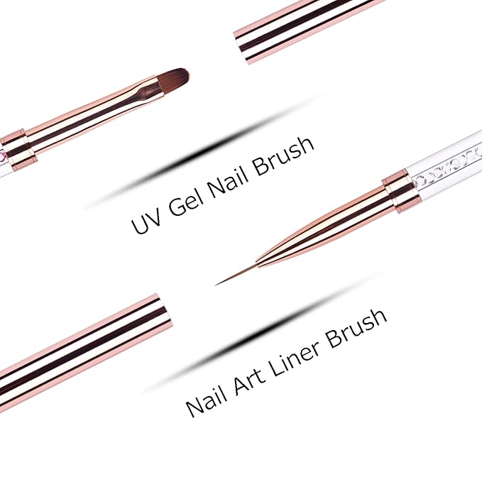 Ycyan 2Pcs Dual-ended UV Gel Nail Brush Set Rhinestone Handle Nail Art Design Brushes Professional Nail Tools Rose Gold
