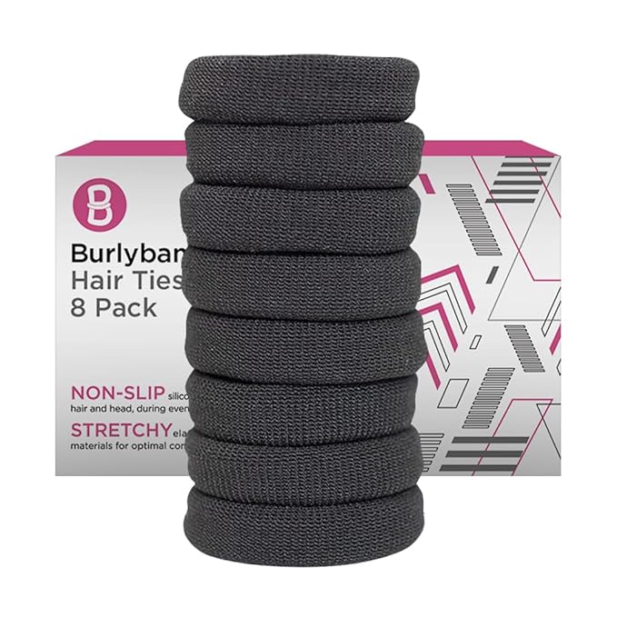 Burlybands Elastic Hair Ties No Damage for Thick Hair, Dark Gray 8 Pack