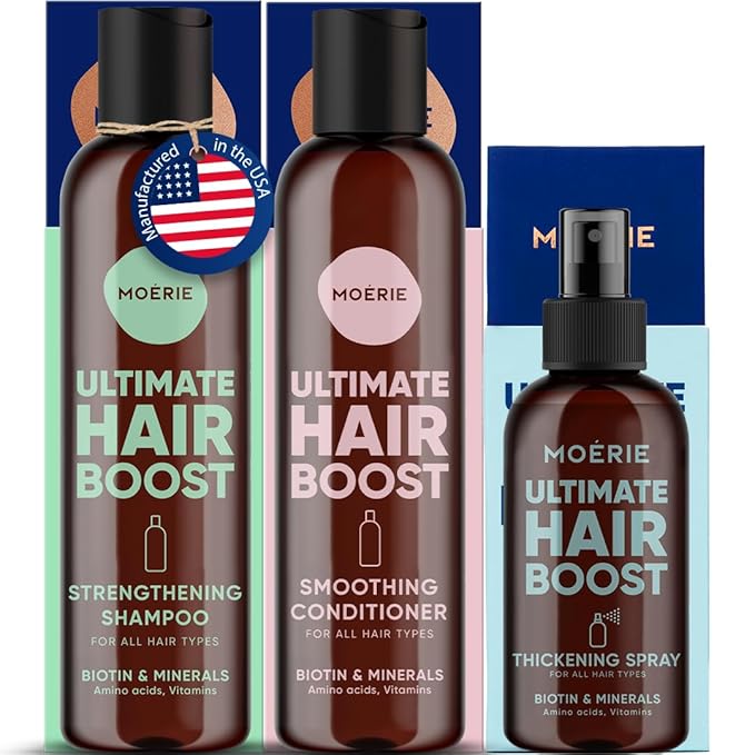 Moerie Hair Growth Shampoo, Conditioner and Spray for Men and Women, Hair Loss Solution with Biotin and Rosemary, Thickening Hair Regrowth Set with Serum Level Care for Thinning Hair