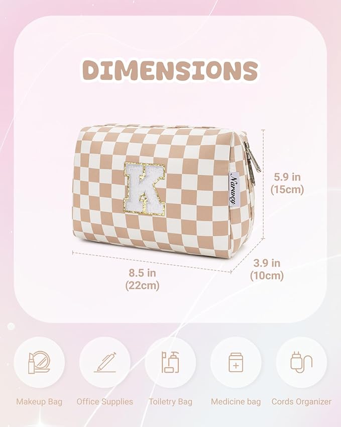 Narwey Birthday Gifts for Women Teen Girls Kids Personalized Initial Checkered Makeup Bag Cute Cosmetic Bag Trendy Stuff 6 8 10 11 12 13 14 16 18 Years Old Travel Toiletry Bag (Brown Letter K)
