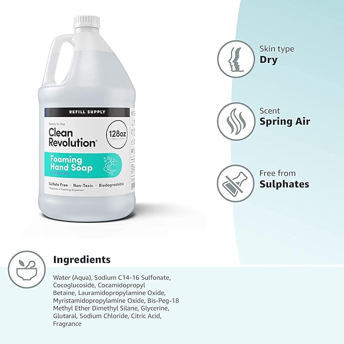 Clean Revolution Foaming Hand Soap Refill with Real Essential Oils, Moisturizing Sulfate-Free Hand Soap, Ready-to-Use Foam Soap Refill for Kitchen & Bathroom (Spring Air, 128oz)