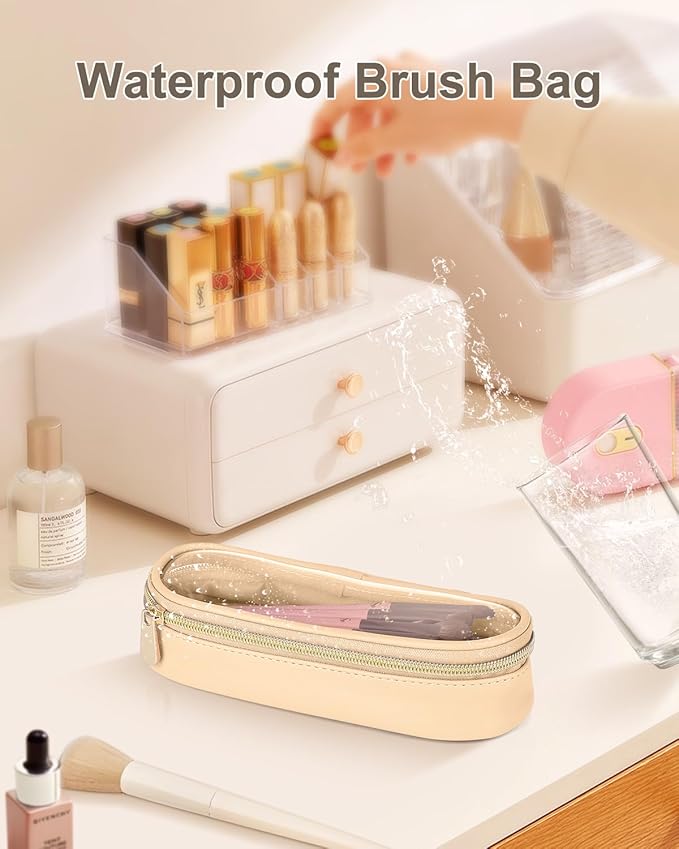 Soimeat Clear Travel Makeup Brush Holder, Leather Makeup Brush Toiletry Bag, Portable Cosmetic Brush Case, Transparent Waterproof Makeup Brush Storage Bag, Khaki