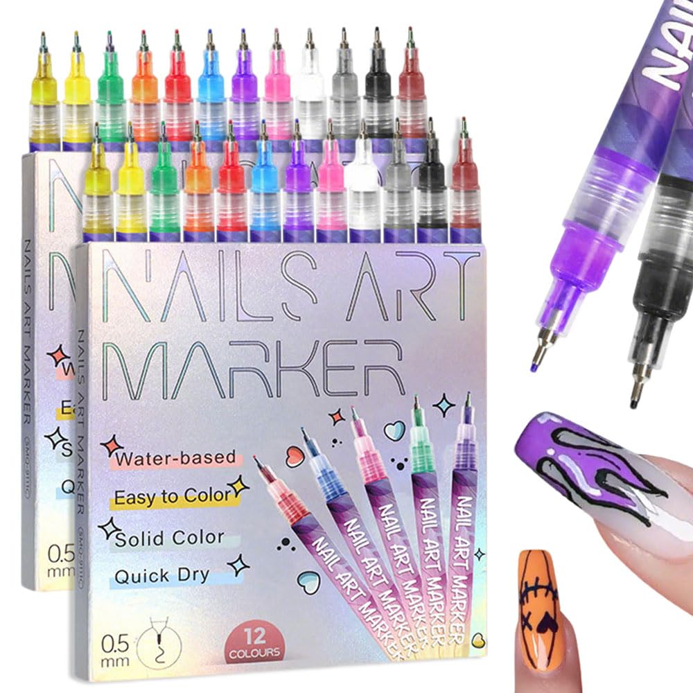 Drkicsy 12 Colors Nail Art Pens Set, DIY Nail Art Markers for Adults, 0.5mm Fine Tip Nail Polish Pens for Graffiti Dotting Drawing Painting Point Liner (3 Sets)