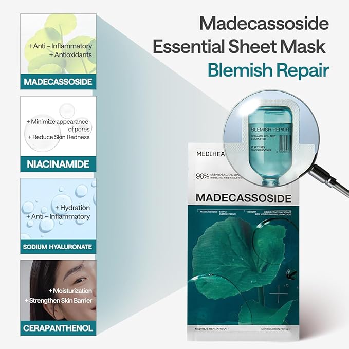 MEDIHEAL Madecassoside Essential Face Sheet Mask, Blemish Repair (10ea)