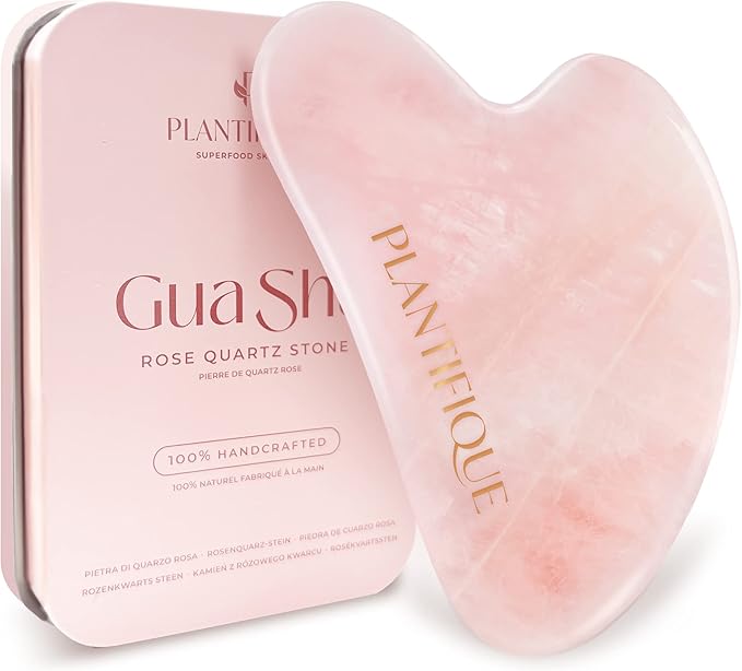 PLANTIFIQUE Rose Quartz Gua Sha Facial Tools - Anti-Aging Face Massager | Guasha Tool for Face Sculpting & Lymphatic Drainage, Jawline Shaper - Skincare Gift - Reduces Puffiness & Relieves Tension
