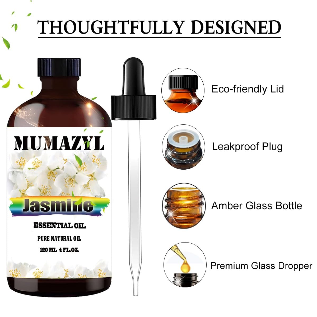 Jasmine Essential Oil, Jasmine Oil 4 Fl Oz 120ML for Diffuser Humidifier Yoga Cleaning DIY Candle Soap Making MUMAZYL Essential Oils