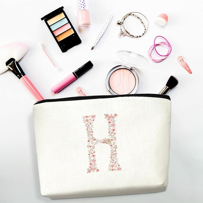 CSHVJ Initial Makeup Bag Floral H Personalized Cosmetic Bag Monogrammed Gifts for Women Girls Bride Mom Monogram Zipper Pouch for Teacher Appreciation Mothers Day Birthday Wedding Bridal Shower Gifts