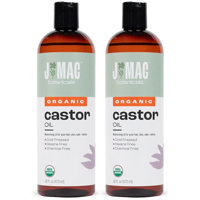 J MAC BOTANICALS Organic Castor Oil Cold Pressed in Amber BPA Free Plastic Bottle (32 oz) USDA Certified, Hexane Free - Moisturizing Oil for Hair, Skin, Face, Eyelashes, Brows, Nails, and Castor Wraps