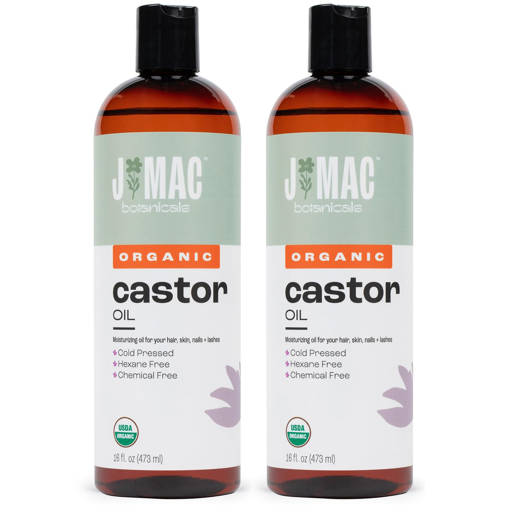 J MAC BOTANICALS Organic Castor Oil Cold Pressed in Amber BPA Free Plastic Bottle (32 oz) USDA Certified, Hexane Free - Moisturizing Oil for Hair, Skin, Face, Eyelashes, Brows, Nails, and Castor Wraps